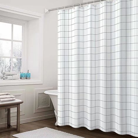 Rideau de douche, anti-moisissure et imperméable, 180x200 cm, lavable, tissu polyester antibactérien, avec 12 anneaux de rideau de douche, blanc. (1/5)