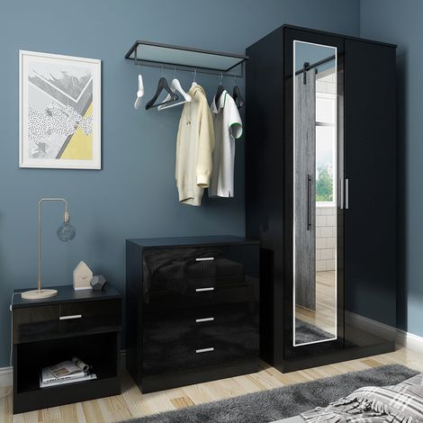 ELEGANT Modern High Gloss Wardrobe and Cabinet Furniture Set 2 Doors Wardrobe and 4 Drawer Chest and Bedside Cabinet, Black, with Mirror