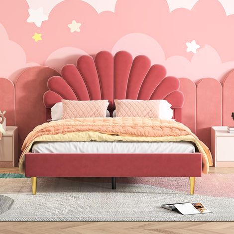 Polsterbett Kinderbett 140x200, Doppelbett mit Kopfteil in Blumenform, Bettgestell mit Lattenrost, Geeignet für Kinder und Jugendliche, Samtstoff, Burgunderrot