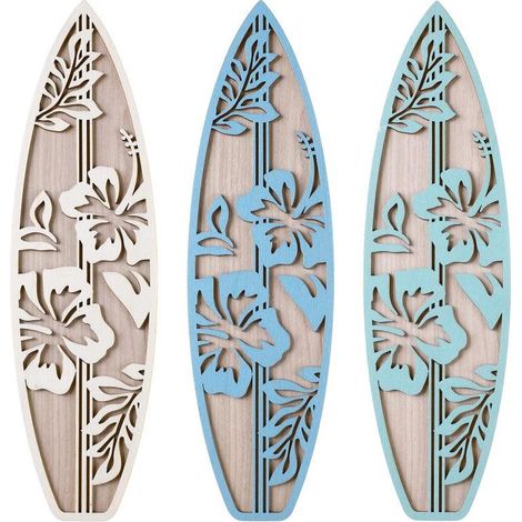 Set di 3 decorazioni da parete in legno rappresentante di tavole da surf e hibiscus, ideale per una camera da letto a tema tropicale (blu). (1/5)