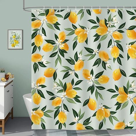 Rideau de Douche Citron Fruit Feuilles Vertes 180 x 180 cm Tissu Polyester Anti Moisissure Imperméable Lavable Rideaux Salle de Bain avec 12 (1/5)