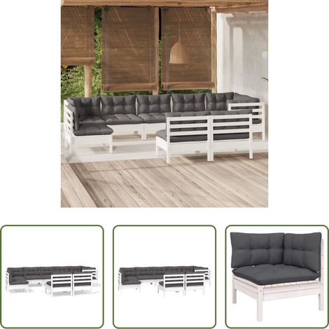 Terrassensofa - 9-tlg. Garten-Lounge-Set mit Kissen Weiß Kiefer Massivholz (1/5)