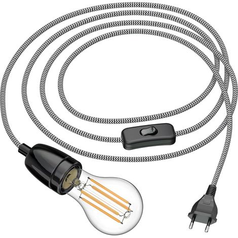 1 Suspension textile E27, câble 3m, interrupteur intégré, porcelaine, noir/blanc, avec LED 1600lm, intérieur