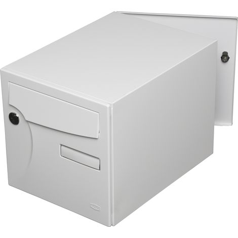 Renz – Boîte aux lettres normalisée 2 portes murale acier blanc brillant – Antieffraction – Ouverture par le devant – Passage courrier 23,5x3cm