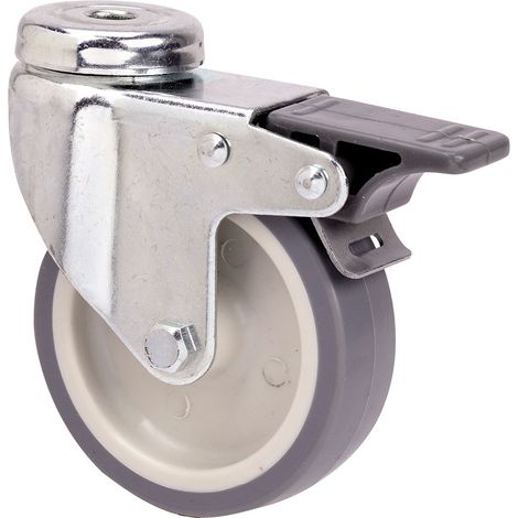 Gummi-Lenkrolle mit Loch, glatter Achse und Feststeller, grau, max. Tragkraft 40 kg, ø 5 cm