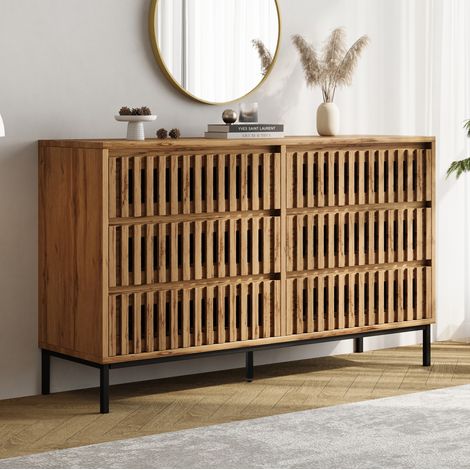 Commode 6 tiroirs 120 x 40 x 81 cm en MDF et panneau de particules couleur bois HAVRYA (1/5)