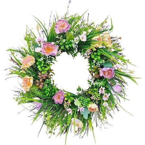 Couronne Fleurie Artificielle 45CM pour déco pour porte Couronne de Fleurs Artificielles 45cm, Décoration Printanière Réaliste pour Porte d'Entrée et Jardin (1/5)