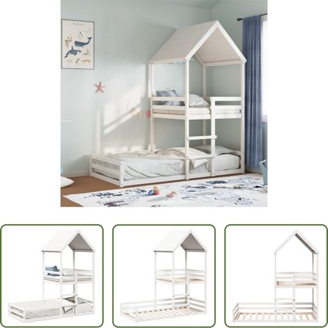 Etagenbett Kinderzimmer - Etagenbett mit Dach Weiß 90x200 cm Massivholz Kiefer (1/5)