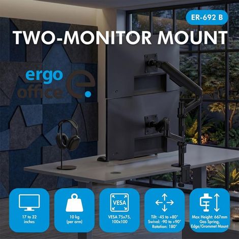 Soporte / colgador para 2 monitores Ergo Office, resorte de gas, 17"-32", 1-10 kg, negro mate, ER-692 B (1/5)