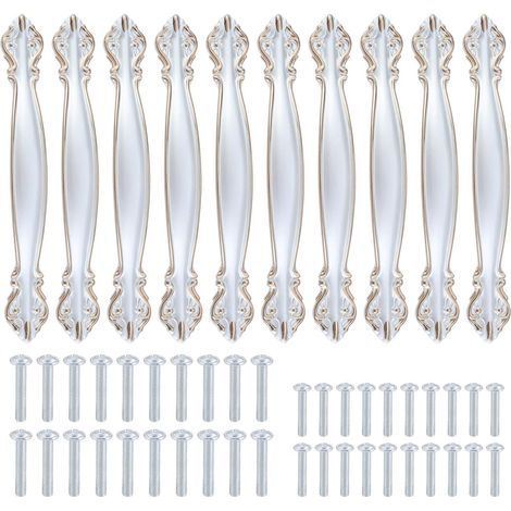 Set of 10 vintage, antique-style, carved and curved furniture handles (96 mm center hole), white (1/5)