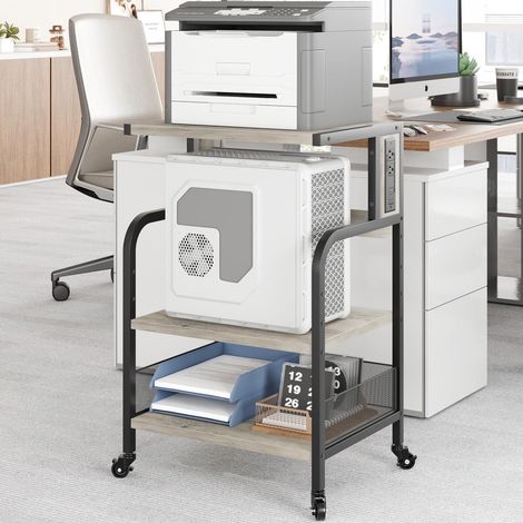 Table support imprimante gris rustique sur roulettes, prises et ports USB intégrés, étagère modulable pour bureau domestique (1/5)