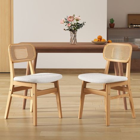 Wahson Lot de 2 chaises salle à manger en rotin – Coussin doux en fausse fourrure – Cadre en bois massif – Dossier élégant – Beige