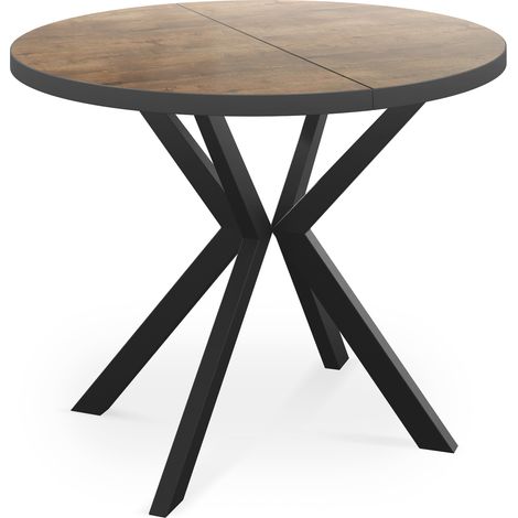 Runder Ausziehbar Tisch für das Esszimmer - Tischrand Schwarzes Dekor - 100 oder 120 cm - Ausziehbarer Tisch mit Schwarzen Metallbeinen - 120 cm - Lefkas Eiche