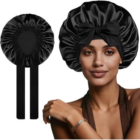 Gorro de dormir ajustable de satén, apto para cabello rizado, protege eficazmente el cabello durante el sueño, color negro, talla mediana. (1/5)