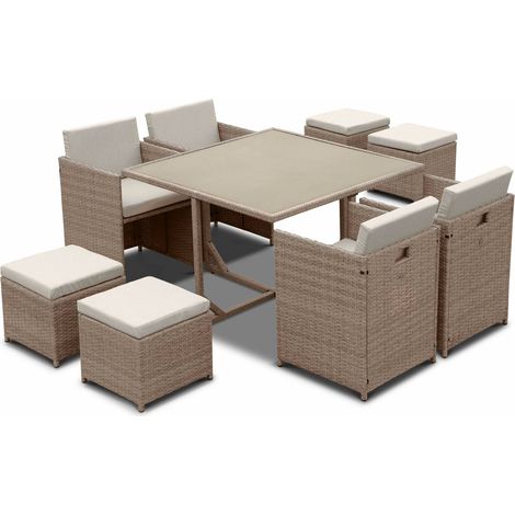 4 to 8-seater rattan cube table set with chairs, Vabo 8, Natural, 110x110x73 cm (1/5)