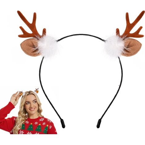 Serre-tête festif en forme de bois de renne avec oreilles, accessoire de coiffure pour déguisement de Noël pour femme, marron (1/5)