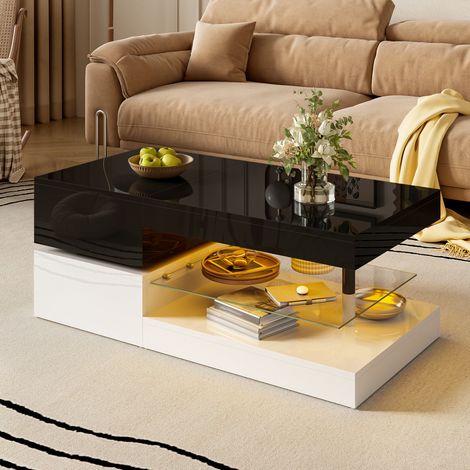 Kérian Table basse moderne avec éclairage d’ambiance LED, commande Bluetooth et application, étagère verre et surface brillante, design noir‑blanc pour salon, 90 × 45 × 35,5 cm (1/5)