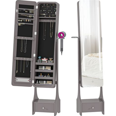 Armoire à bijoux avec miroir LED orientable 360°, tiroir et éclairage à arrêt automatique, gris (1/5)