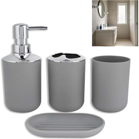 Accessoires de Salle de Bain en Plastique 4 pièces Porte-Brosse à Dents Brosse à Dents Cupe de Savon Distributeur de Bouteille Dishwasher Set de Savon Set d'accessoires de Salle de Bain Modernes Set (1/5)