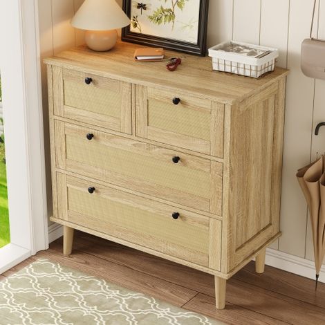 Commode à 4 tiroirs en rotin, commode naturele avec pieds en bois massif, 80x40x80 cm (1/5)
