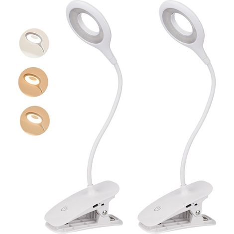 Lot de 2 lampes LED à pince pour lit et bureau, 3 couleurs de lumière, orientables à 360°, rechargeables par USB