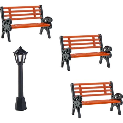Lot de 3 bancs de Noël pour maison de poupée, mini bancs, kit miniature, banc de parc, micro paysage, maison de poupée, accessoires de bricolage, 1:25 (avec 1 mini lampadaire) (1/5)