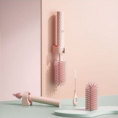 pair Brosse électrique de nettoyage de biberons avec trois têtes de brosse, brosse de nettoyage de tasse (rose) (1/5)