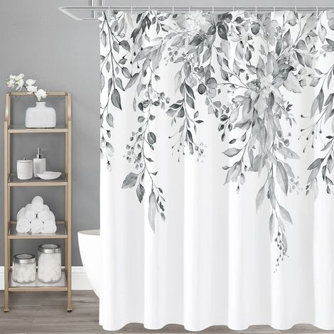 Rideau de douche à motif eucalyptus gris, ensemble rideau de douche pour salle de bain, blanc cassé, 180 x 180 cm (1/5)