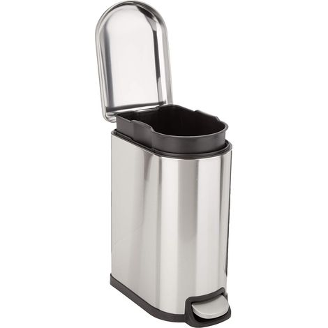 Amazon Basics D-förmiger Treteimer mit Fleckenschutz, Soft-Close-Funktion, für Bad, Schlafzimmer oder Wohnzimmer, schmale Form für enge Räume, 10 l, gebürsteter Edelstahl