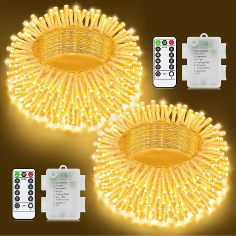 Guirlande lumineuse LED à piles, 2 x 3,6 m, 120 LED, 8 modes, avec minuterie, câble transparent, IP44, étanche pour chambre d'enfant, jardin, terrasse, balcon (blanc chaud) (1/5)