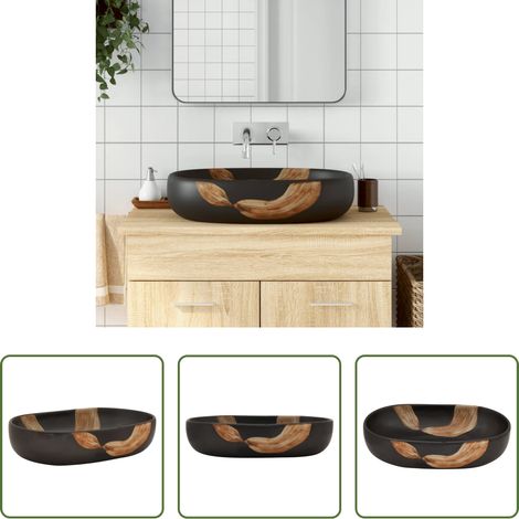 Keramik Waschbecken -  Aufsatzwaschbecken Schwarz Oval 59x40x14 cm Keramik