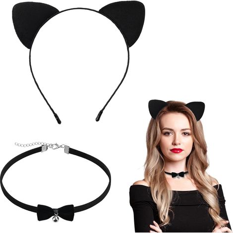 Serre Tête Oreille de Chat et Collier Clochette Bandeau oreilles de chat Noir Serre-Tête de Chat Accessoires Déguisement Chat Femme pour Femme Fille Fête Costumée Décoration (1/2)