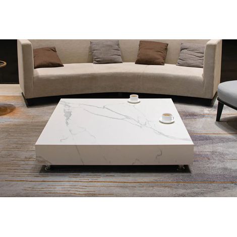 BIANCO Table basse en porcelaine marbre grande en béton élégant facile d’entretien 118 x 118 x 23.9 cm (1/5)