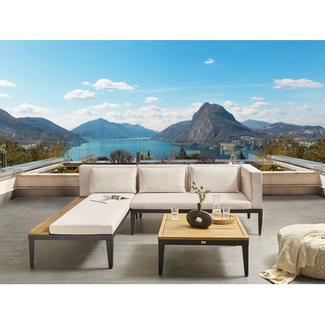 Conjunto de jardín 3 plazas de madera de acacia certificada sofá esquinero con mesa de centro cojines beige claro derecho Bracciano (1/5)