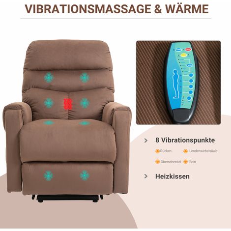 Fauteuil électrique inclinable avec aide au lever, relaxateur massant chauffant, inclinaison réglable par télécommande, poche latérale, tissu polyester brun (1/4)