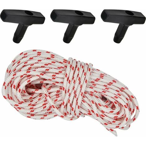 3 Poignées de lanceur, Corde de 10m, Nylon 3mm, T-noir 7cm, Pour tondeuse tronçonneuse débroussailleuse (1/4)