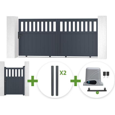 Portail coulissant 3m SANTIS H.140cm aluminium gris + 4 poteaux ELDA + Portillon 1m SANTIS H.140cm aluminium gris + motorisation Ranger C300 (1/5)