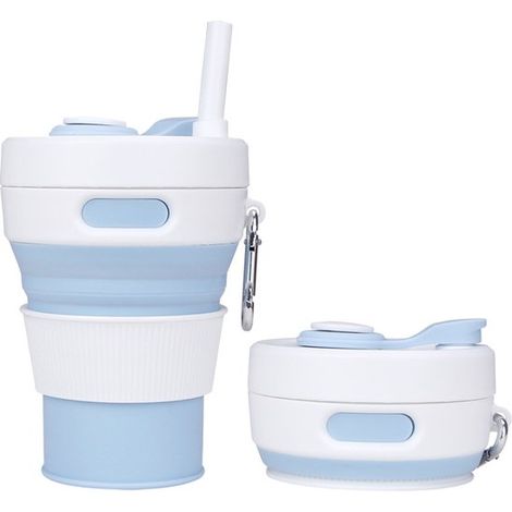 Vaso silicona 450 ml, Vaso compresión portátil plegable, Taza café plegable, Vaso plegable pajita silicona, Botella deportiva portátil Azul claro (1/5)