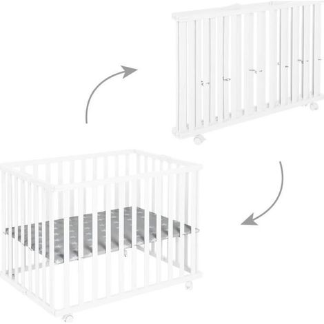 Faltbarer Babypark - ROBA - LITTLE STARS - 75 x 100 cm - Höhenverstellbar - 4 bremsbare Räder - Weiß lackiertes Holz - Sternmuster (1/5)