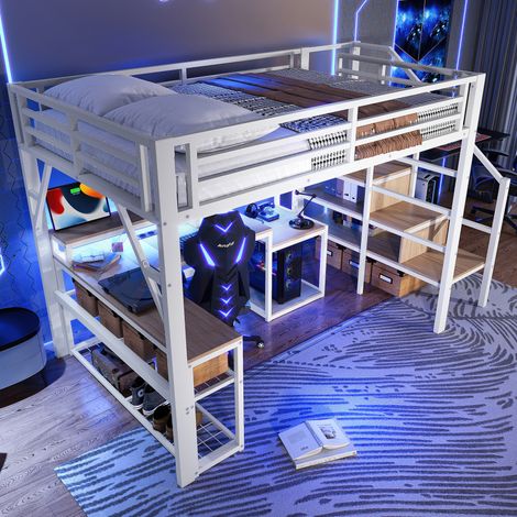 Hochbett 140 x 200 Cm Mit Schreibtisch, USB, LED Regulierbar Und Regalen, Ohne Matratze, Aus Metall, Weiß