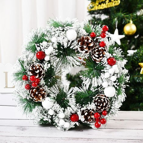 30 cm Weihnachtskranz, künstlicher Weihnachtstürkranz, fröhliche Weihnachtsgirlande mit Tannenzapfen, roten Beeren und Schneebällen für Tür, Wand, Kamin, Fenster, Weihnachtsbaumdekoration (1/5)
