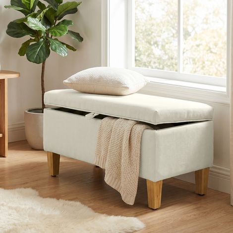 Banc de rangement, repose-pieds capitonné en lin, pieds en hévéa, bout de lit 71x37x36cm, beige (1/5)