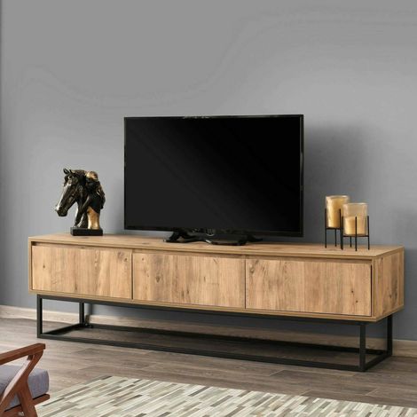 Dmora - Fernsehschrank Dpinat, Ständer für Wohnzimmerfernseher, Niedriges Wohnzimmer-Sideboard, TV-Ständerbasis, 180x40h50 cm, Eiche und Schwarz (1/5)