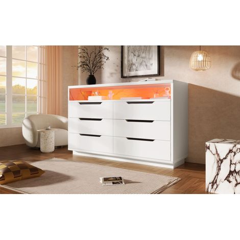 Buffet, commode avec éclairage LED et 6 tiroirs, compartiment de rangement à effet marbre, meuble moderne pour salon et chambre, 120 x 40 x 85 cm, blanc (1/5)