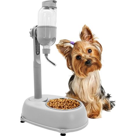 Bouteille d'eau pour chien avec support, distributeur automatique d'eau et de nourriture, anti-fuite et anti-goutte, bouteille d'eau lente surélevée réglable pour animaux de compagnie (1/5)
