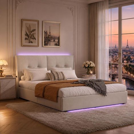 Lit coffre hydraulique 160x200 cm en velours beige, bandeau LED tête et pied (1/5)