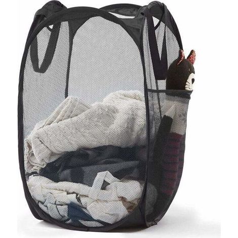 Panier à linge pop-up en maille avec poignées durables – Paniers à vêtements pliables portables pour dortoir, salle de bain et voyage (noir),de (1/4)