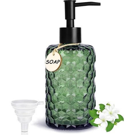 Distributeur de savon en verre - 500 ml - Pour salle de bain - Design nid d'abeille - Distributeur de liquide vaisselle pour cuisine - Distributeur de pompe moderne avec étiquettes en bois - Pompe en (1/5)