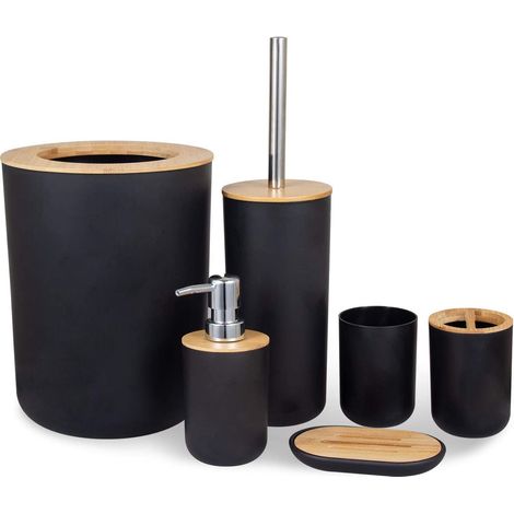 Juego de 6 accesorios de baño de bambú: dispensador de loción, papelera, portacepillos de dientes, vaso, escobilla de baño, jabonera, apto para uso doméstico o hotelero. (1/5)