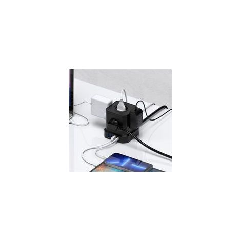 Multiprise cube 9-en-1 – 5 prises CA 3250W – 4 ports USB jusqu'à 16A – Câble 2m – Protection contre surtensions et surcharges
